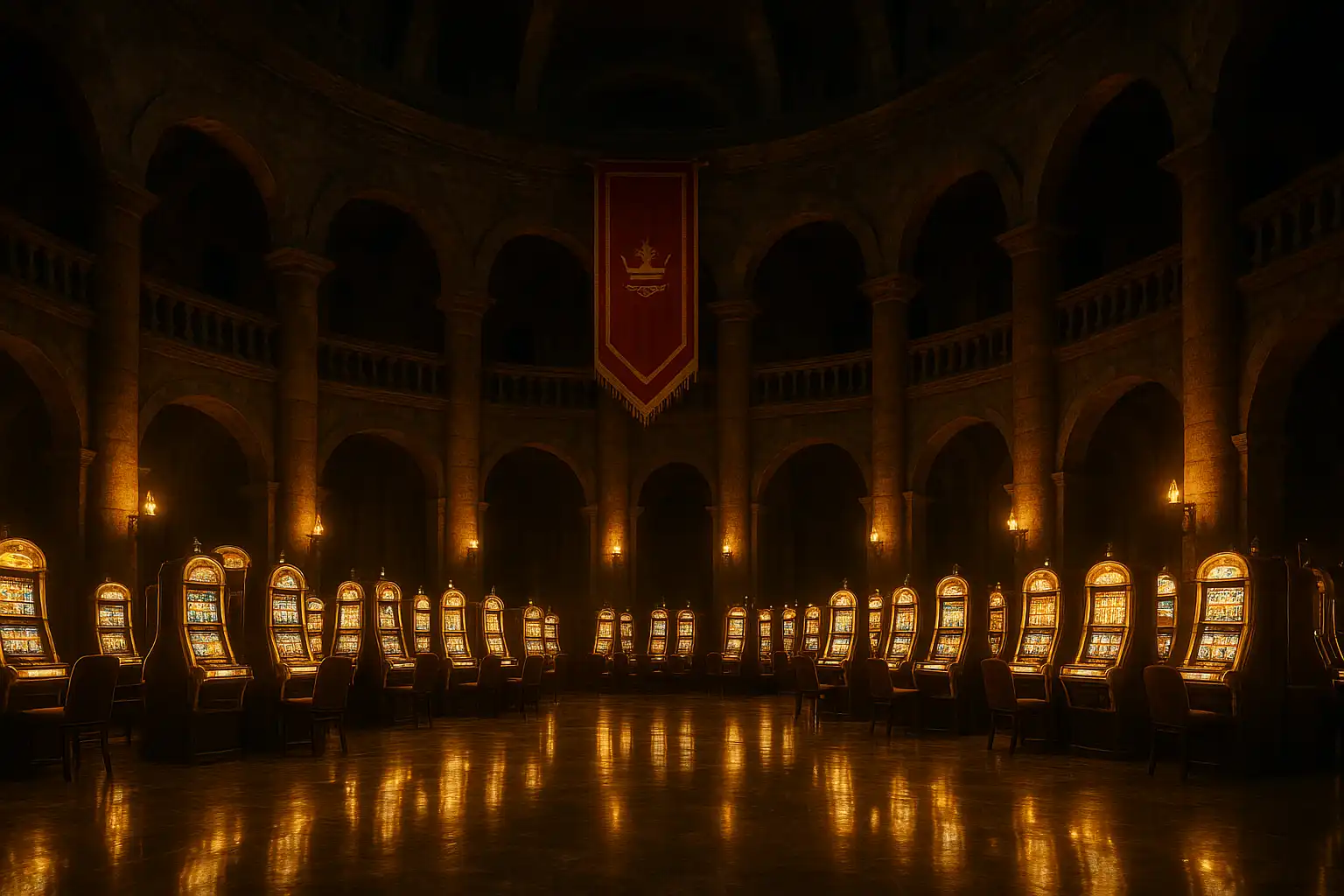 Marble arena hall of Spartaza casino lit by torchlight with slot machines beneath stone arches