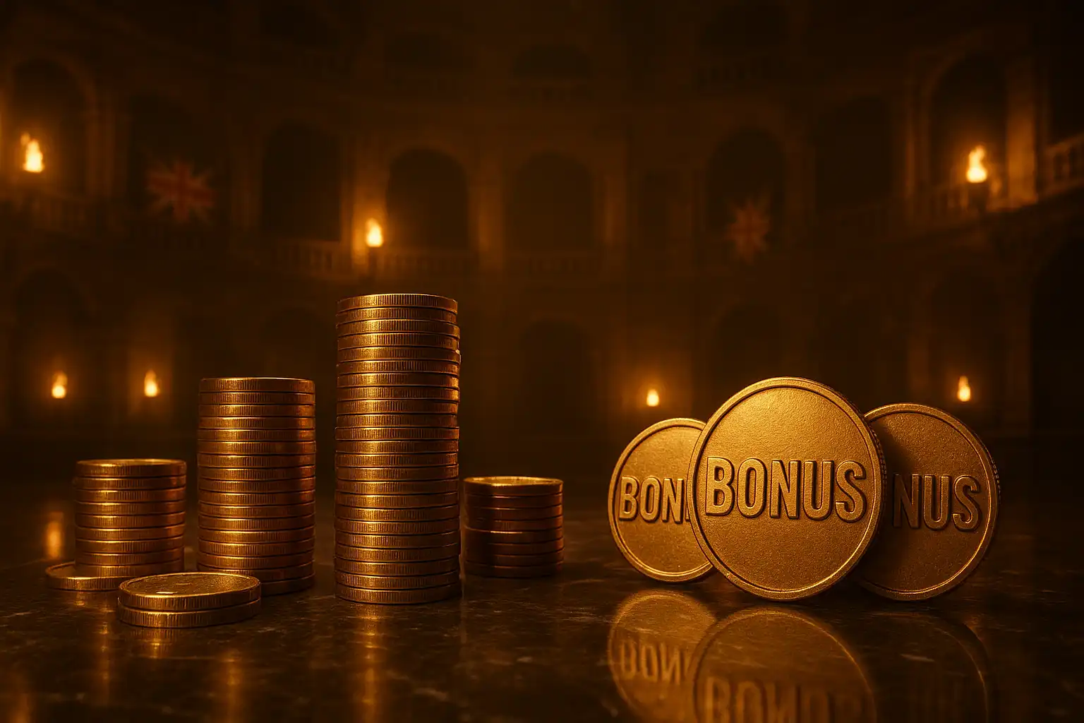 Stack of gold coins and bonus tokens on a marble table inside the Spartaza arena