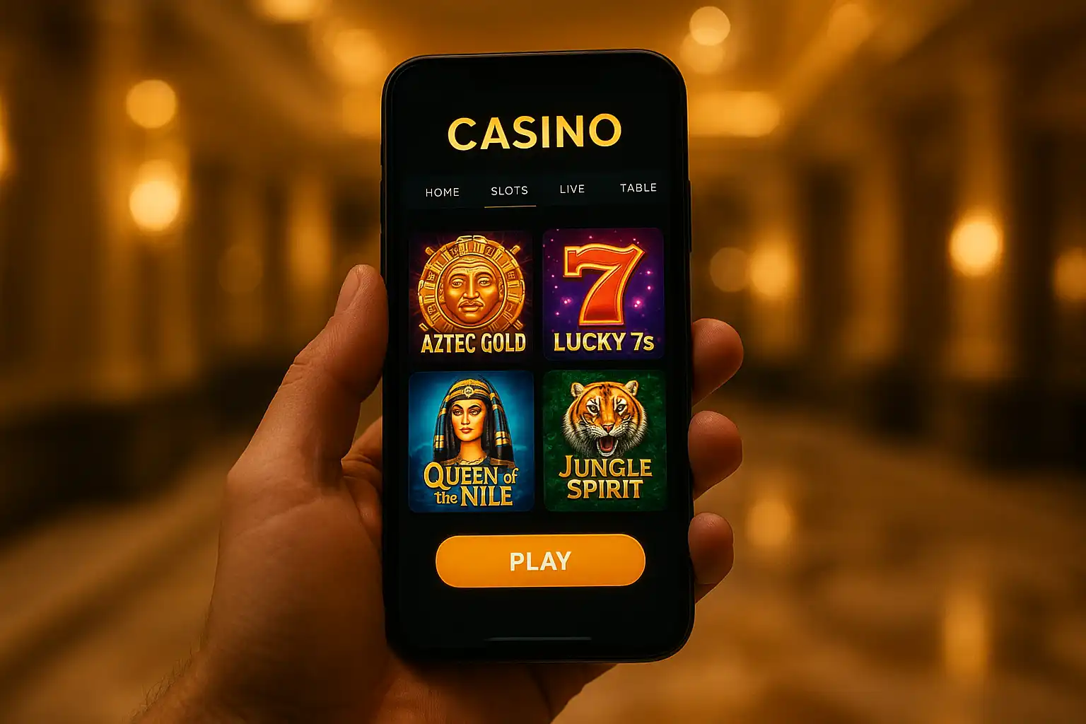 Hand holding a smartphone displaying the Spartaza casino app lobby with slot tiles