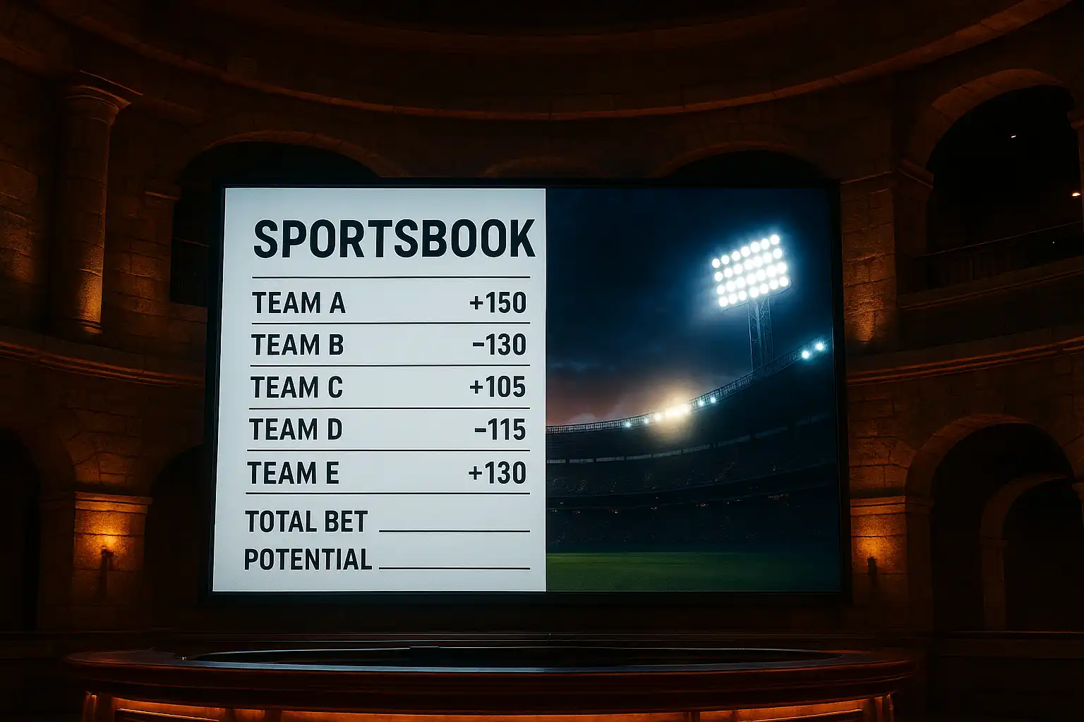 Sportsbook betting slip and stadium floodlights displayed on a screen inside the Spartaza arena