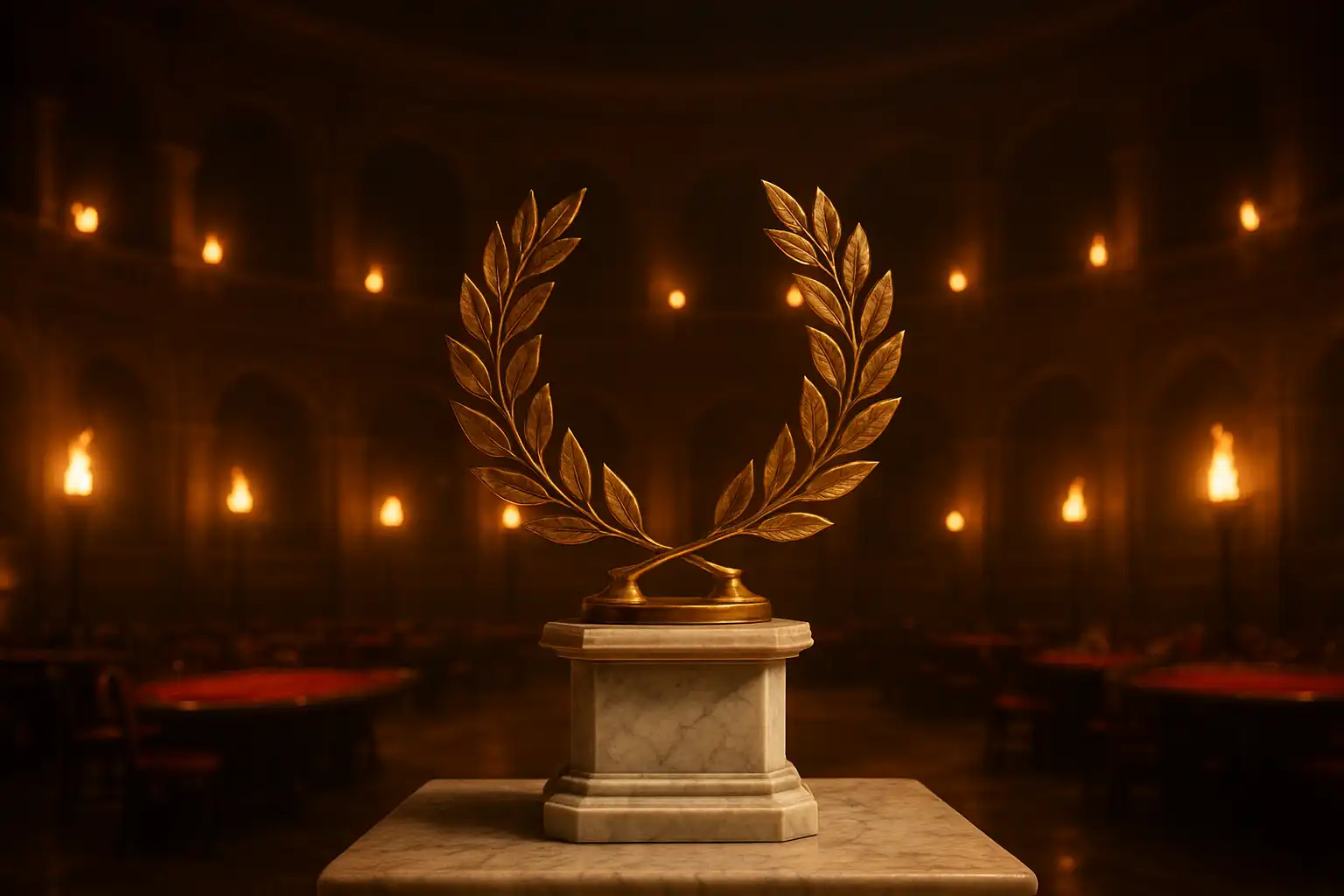Gold laurel wreath trophy and marble pedestal representing the Spartaza VIP Legion tier