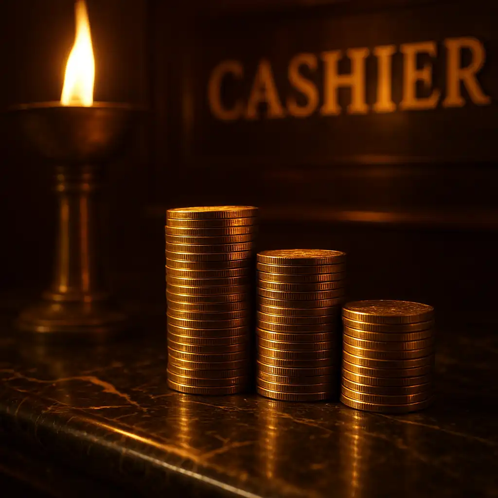 Gold coins and a cashier counter representing a casino deposit at Spartaza