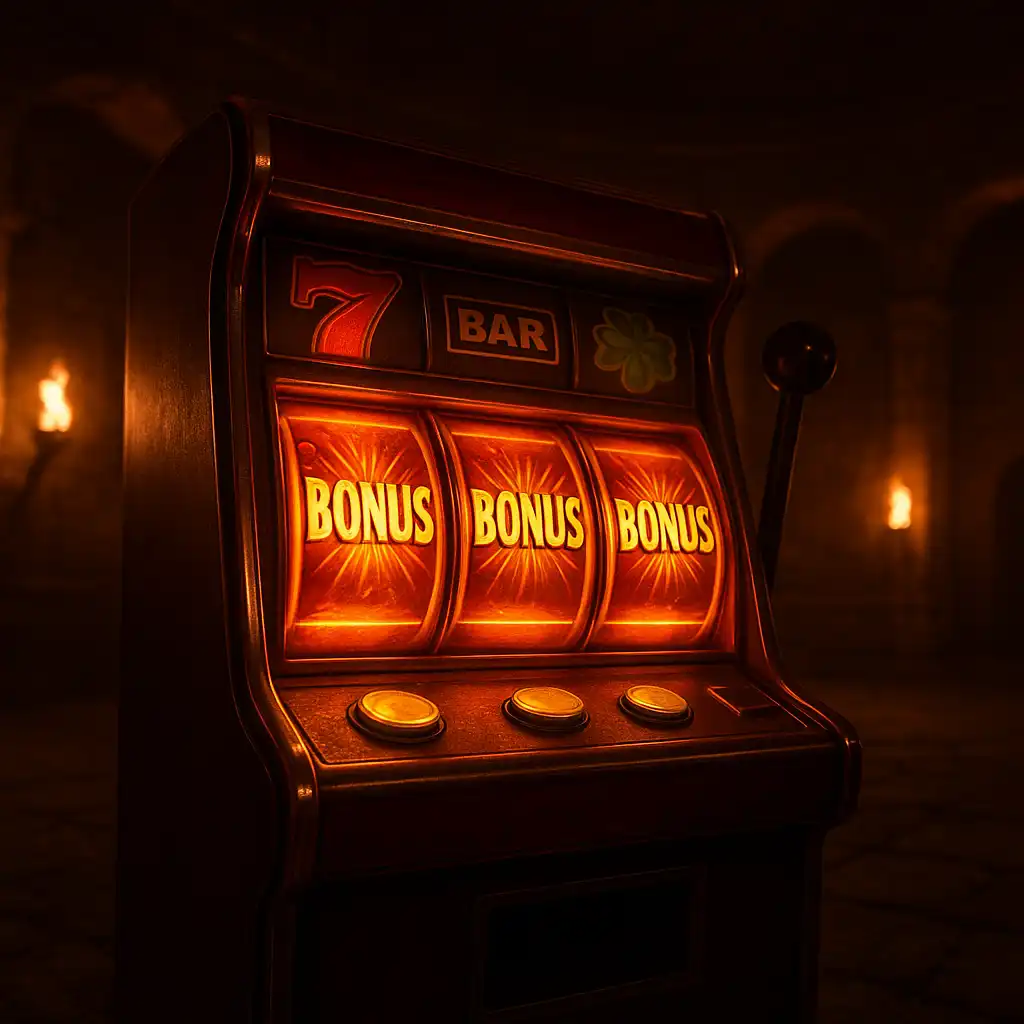 Slot machine reels glowing with bonus symbols inside a torchlit arena hall